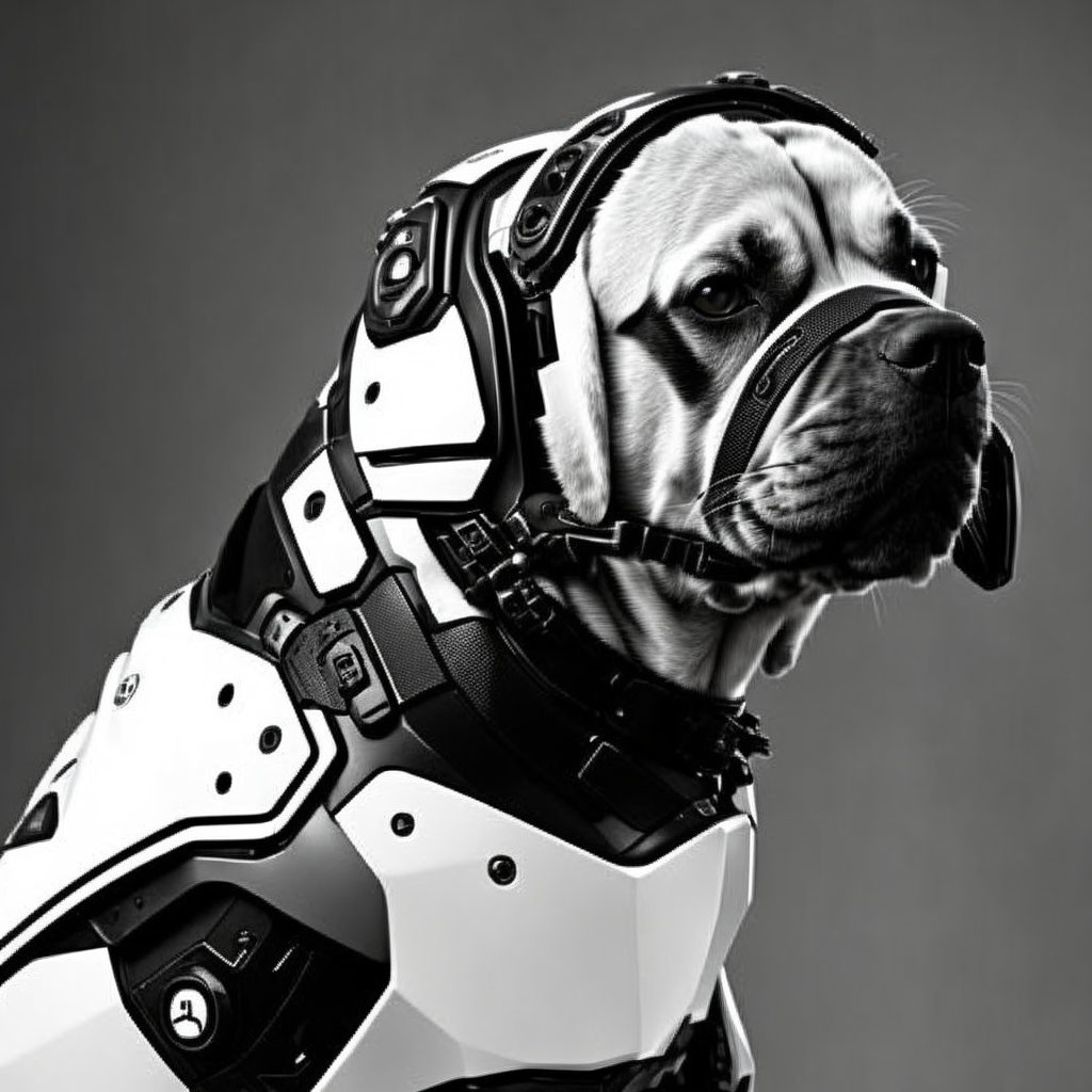Futuristic robotic suit dog in monochrome against gray background