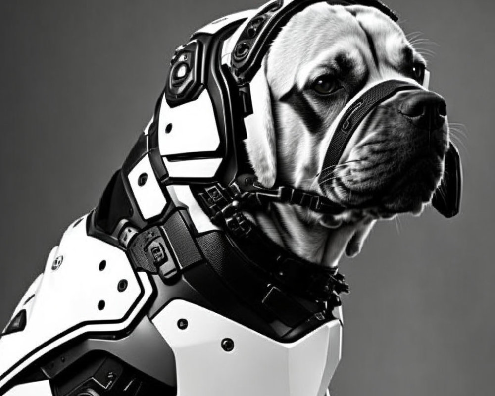 Futuristic robotic suit dog in monochrome against gray background