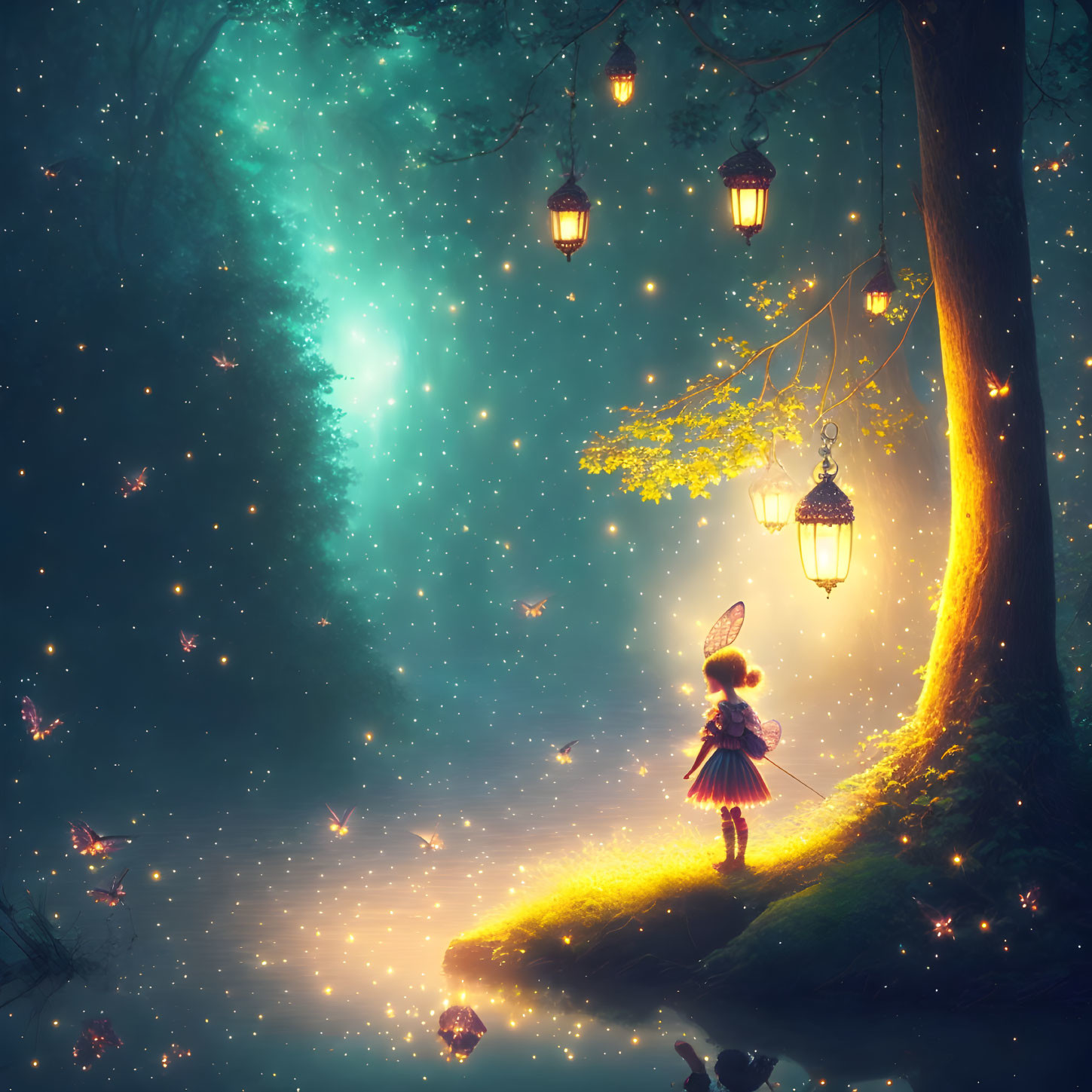 Enchanting forest scene with hanging lanterns, glowing path, and stargazing figure