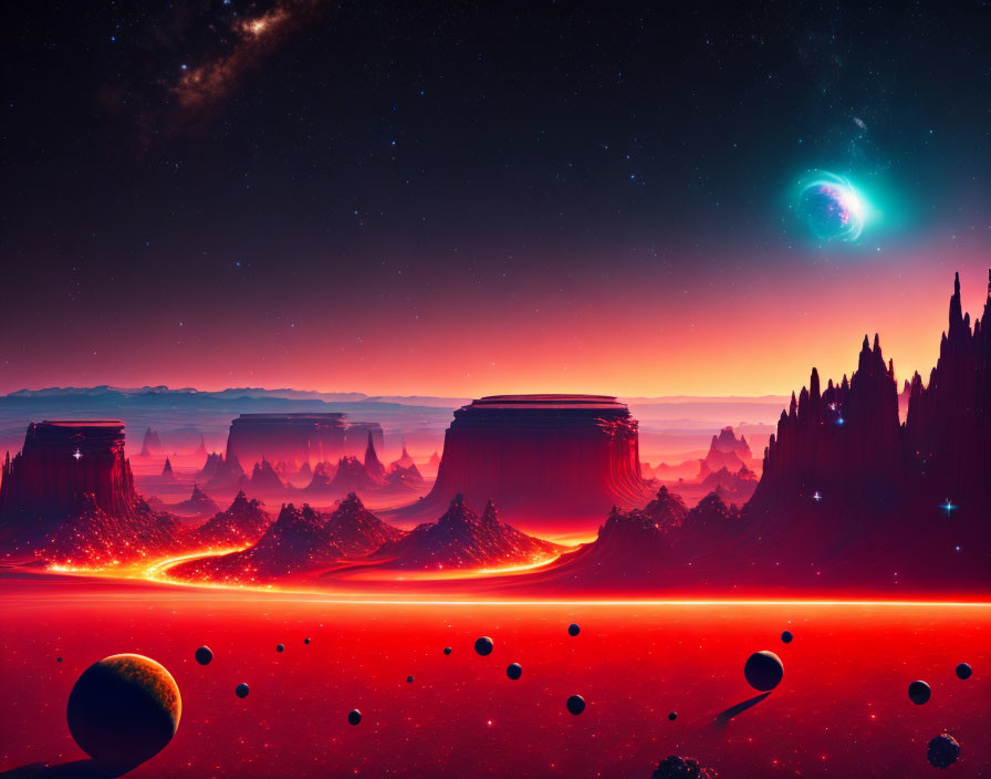 Extraterrestrial scene: towering rocks, starry sky, lava rivers