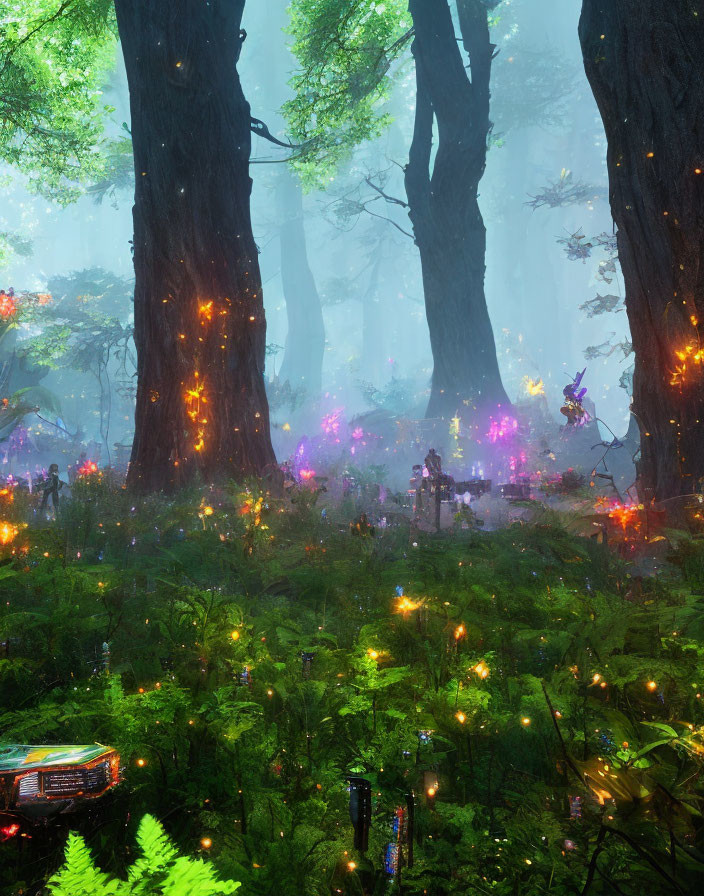 Enchanting Forest with Glowing Plants and Towering Trees