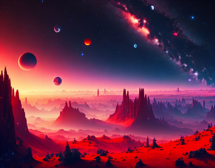 Alien landscape digital artwork with red terrain and vivid sky