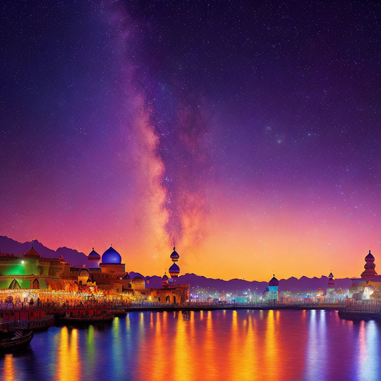 City skyline with illuminated buildings reflecting on water under starry sky.