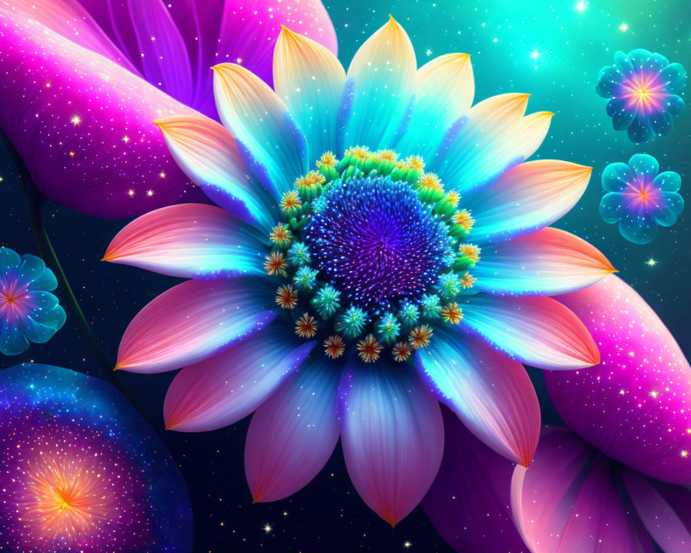 Colorful digital artwork: Blossoming flower on cosmic background with orbs