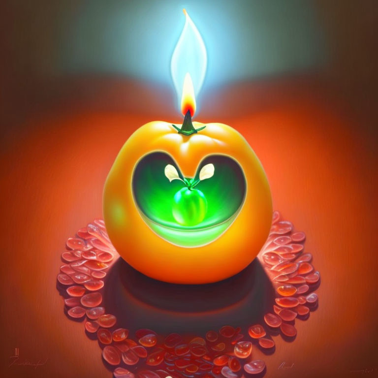 Stylized orange heart candle with green flame base and red beads