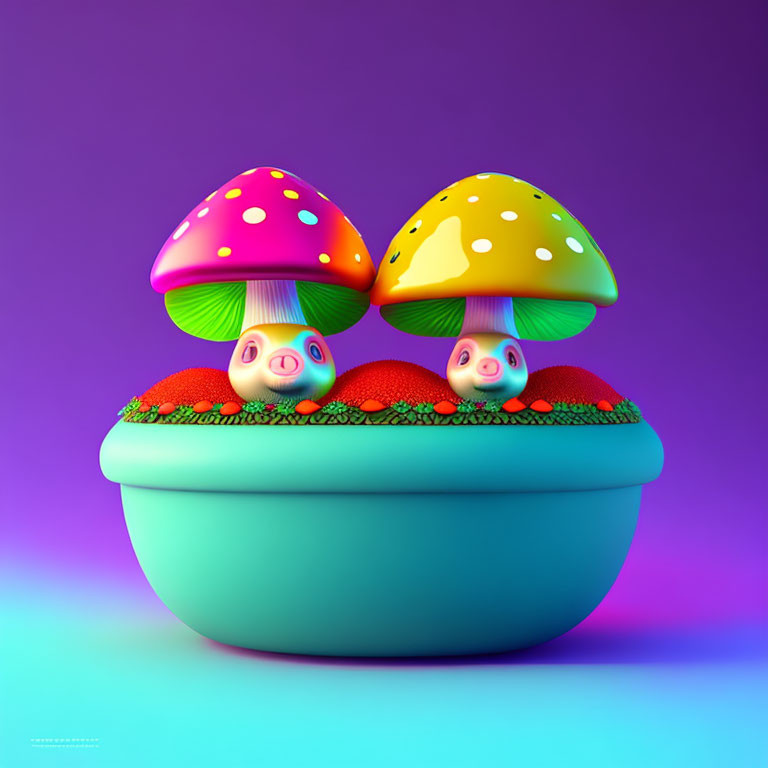 Cartoonish Mushrooms with Faces on Greenery in Blue Pot