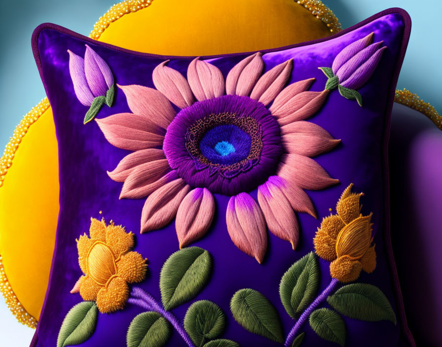 Purple Floral Sunflower Design Decorative Pillow with 3D Elements