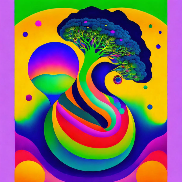 Colorful Psychedelic Tree with Human Profile on Swirling Background
