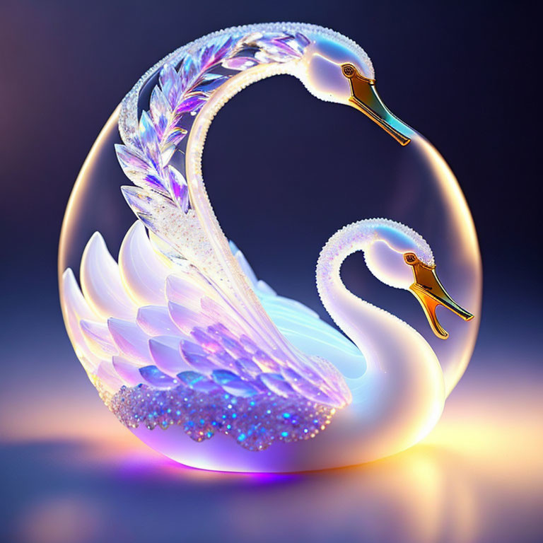 Digital Artwork: Glowing, Translucent Swan Duo on Purple-Blue Background