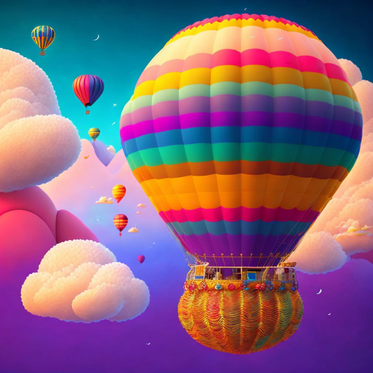 Colorful hot air balloon in purple sky with fluffy clouds and reflections