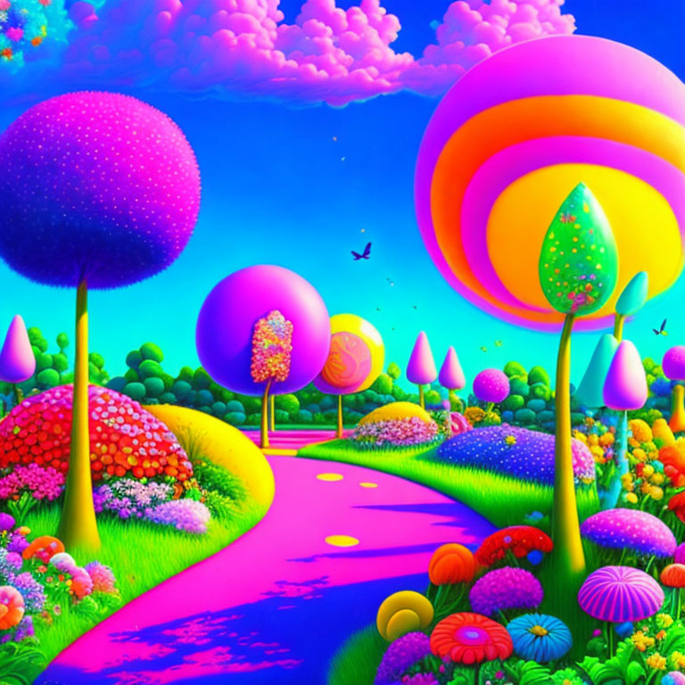 Colorful Fantasy Landscape with Candy-Like Trees and Pink Pathway