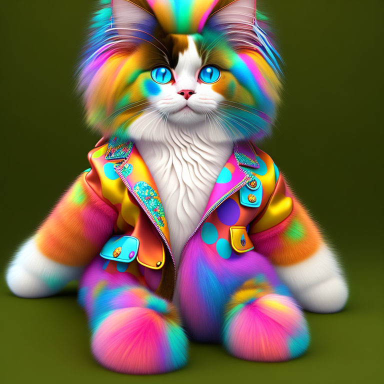 Colorful Cat with Striking Blue Eyes in Vibrant Jacket