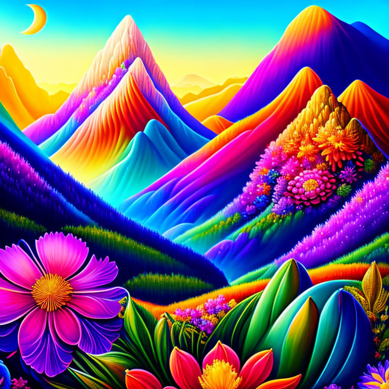 Colorful landscape with neon mountains, crescent moon, and vibrant flowers