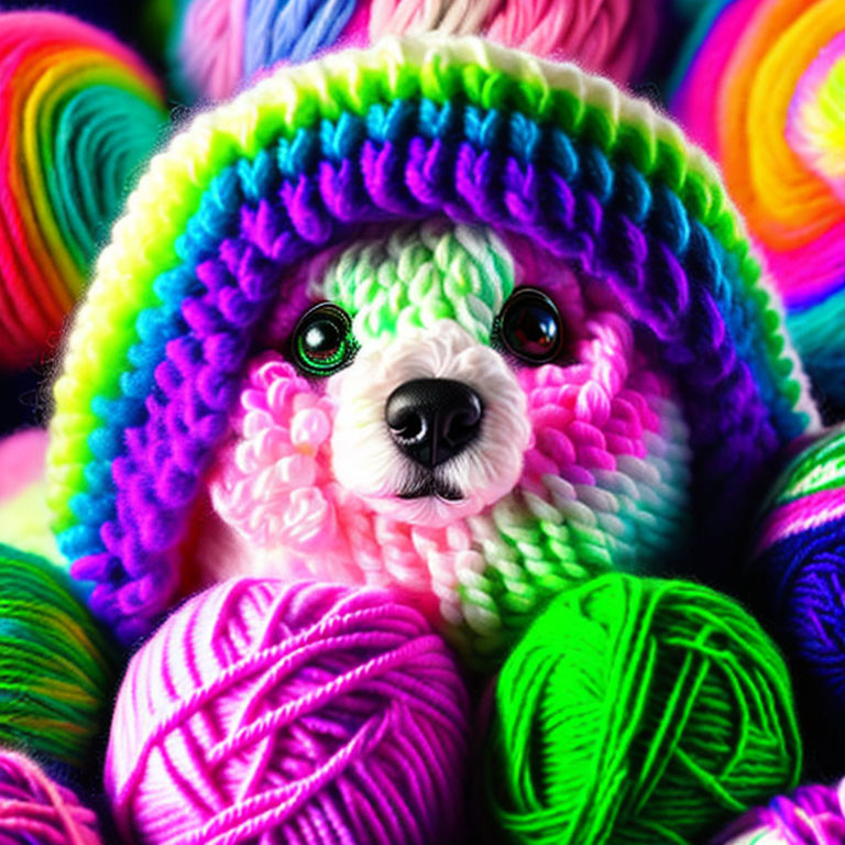 Colorful Dog Wearing Multicolored Woven Hat Among Yarn Balls