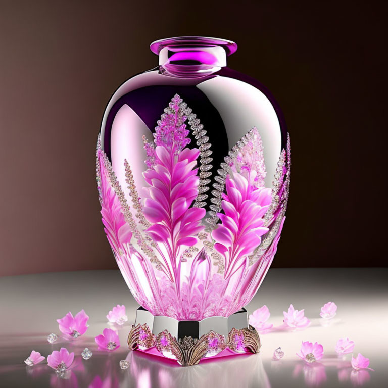 Pink and Clear Glass Vase with Floral Patterns on Reflective Surface