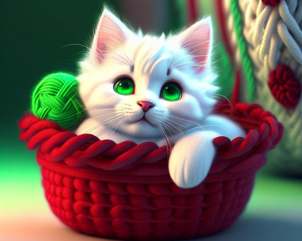 Adorable White Kitten with Green Eyes in Red Basket with Yarn Ball
