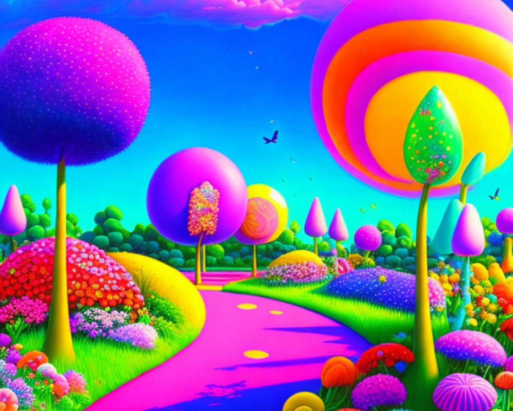 Colorful Fantasy Landscape with Candy-Like Trees and Pink Pathway
