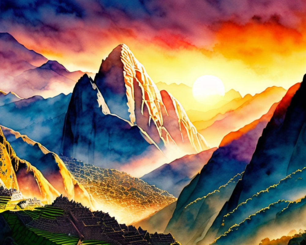 Colorful Watercolor Painting of Mountainous Landscape at Sunrise