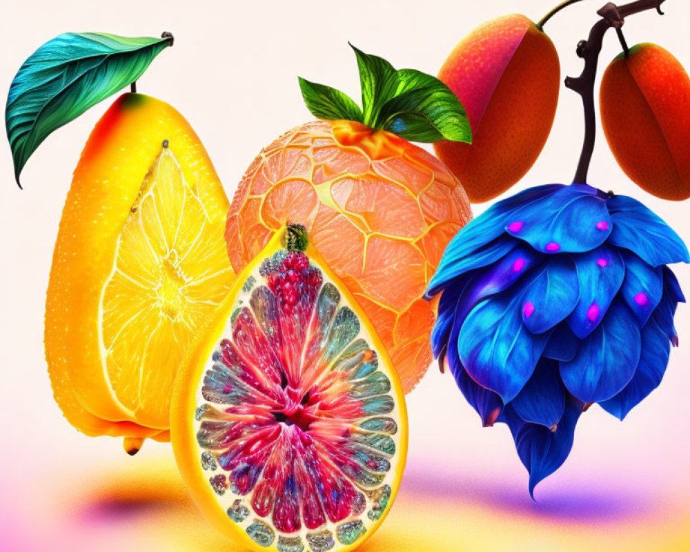 Colorful digital artwork featuring sliced citrus fruits, berries, and a surreal glowing flower