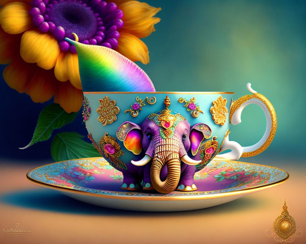 Colorful digital artwork: ornate elephant tea cup on saucer, flower and teal backdrop