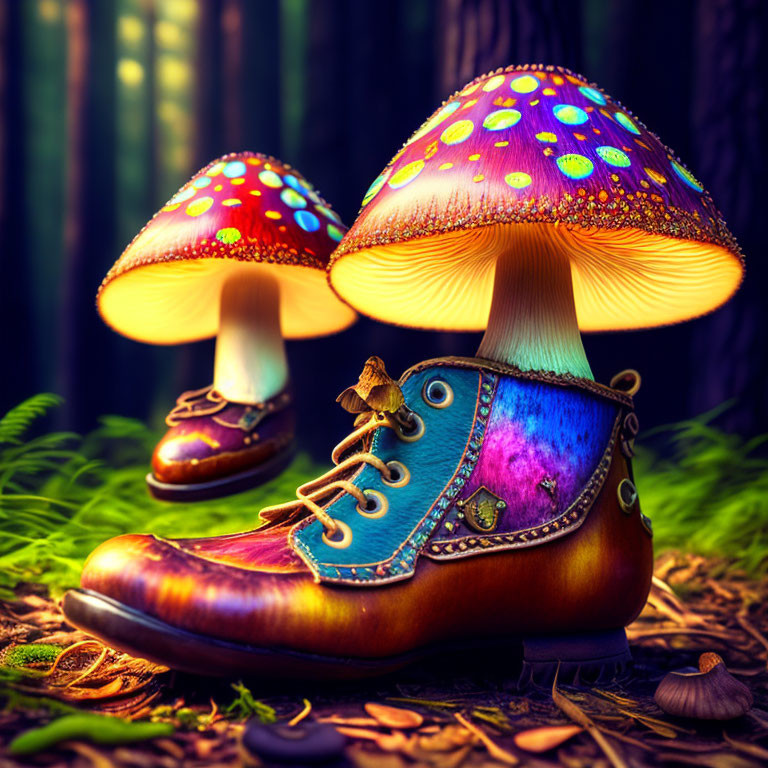 Vibrant Mushroom Umbrellas in Vintage Shoes Forest Scene
