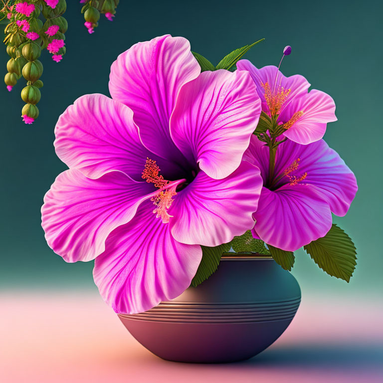 Pink Hibiscus Flowers with Prominent Stamens in Clay Pot