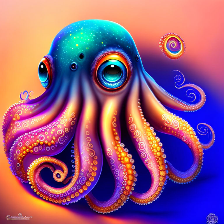 Colorful stylized octopus illustration with expressive eyes and intricate tentacle patterns