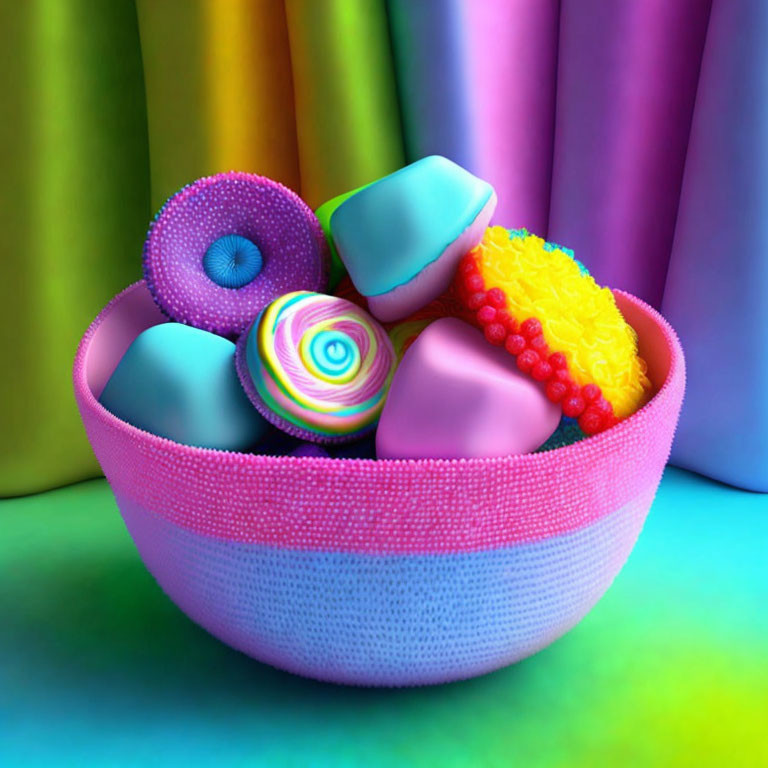 Colorful candies in textured pink bowl against multi-colored backdrop