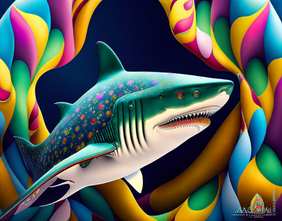 Vibrant Digital Artwork: Shark with Surreal Underwater Flora