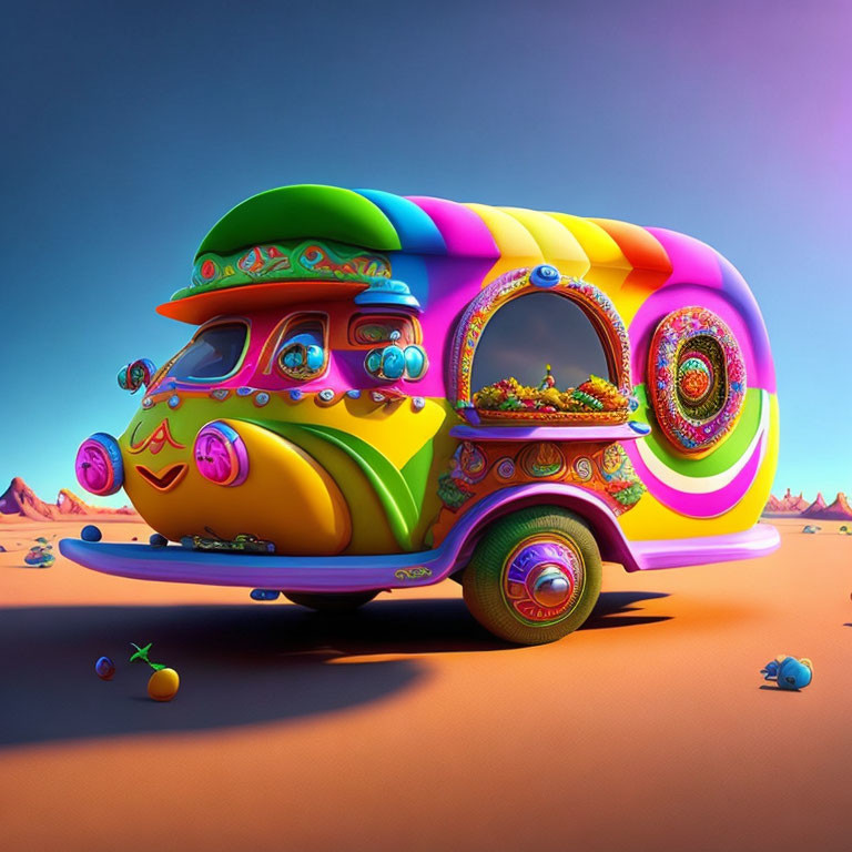Colorful Psychedelic Vehicle with Round Windows in Surreal Desert