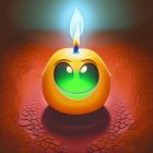 Stylized orange heart candle with green flame base and red beads
