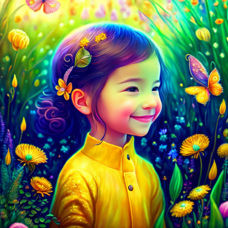 Young girl in yellow outfit smiling in colorful garden with flowers and butterflies