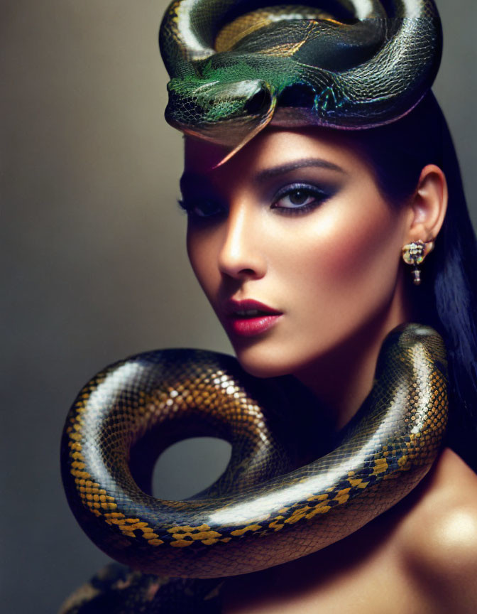 Woman with dramatic makeup and live snake on shoulders against dark background