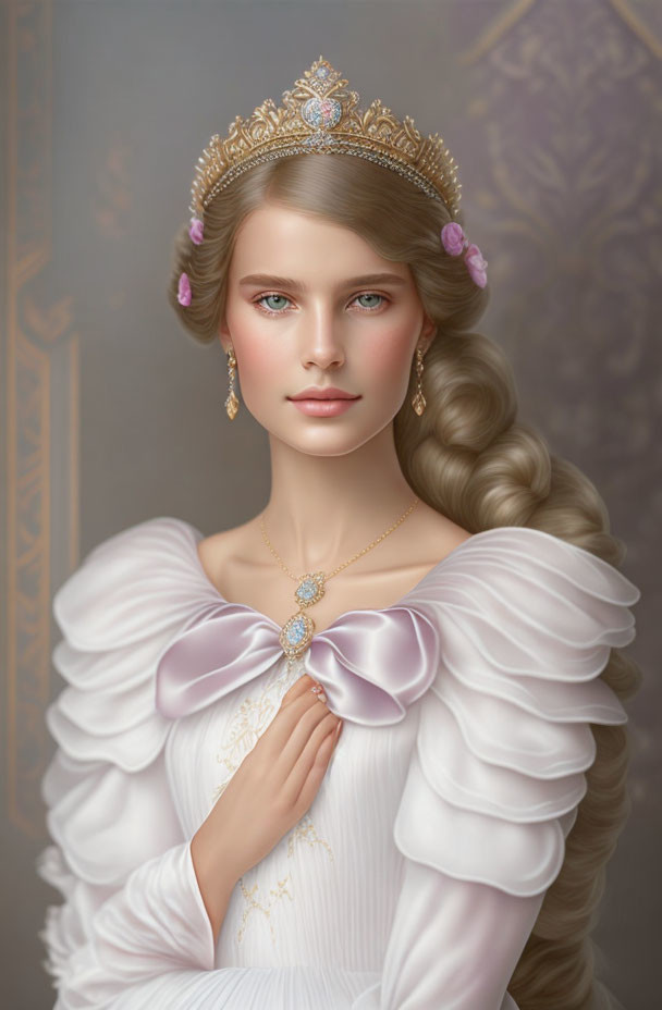 Portrait of woman with fair skin, blue eyes in regal white gown, gold tiara, gem