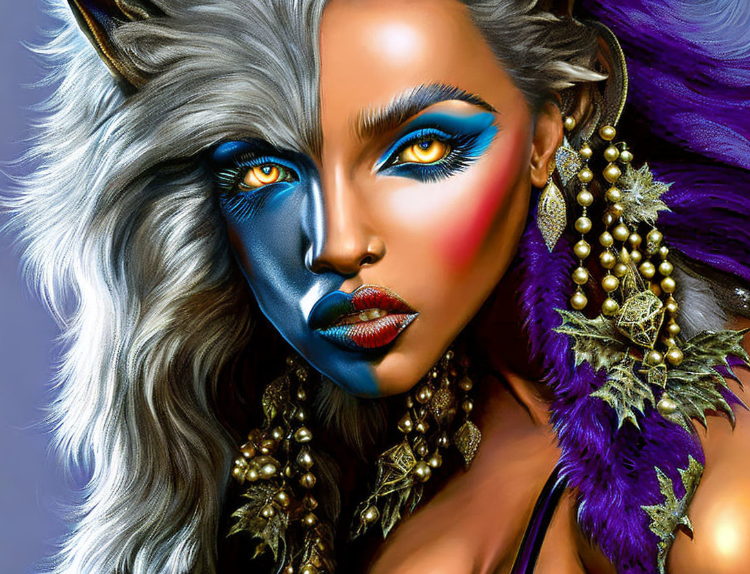 Digital artwork featuring woman with split visage: human side with makeup and jewelry, wolf side with fur