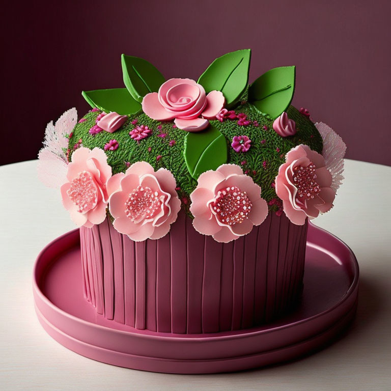 Decorative Pink Flowerpot Cake with Fondant Flowers and Greenery