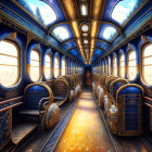 Fantastical train interior with starry cosmos décor.