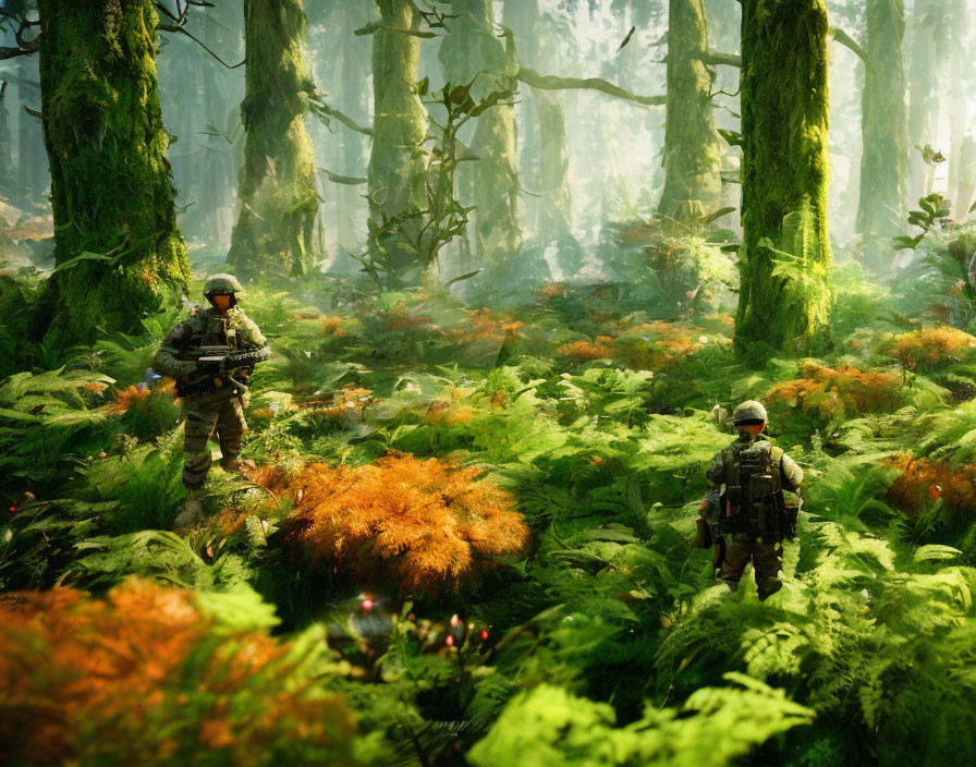 Military soldiers patrolling sunlit mossy forest.