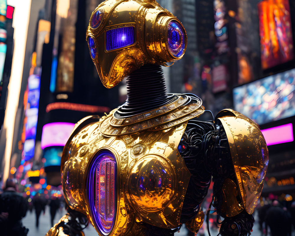 Golden Robot with Blue-Lit Eyes in Busy Cityscape
