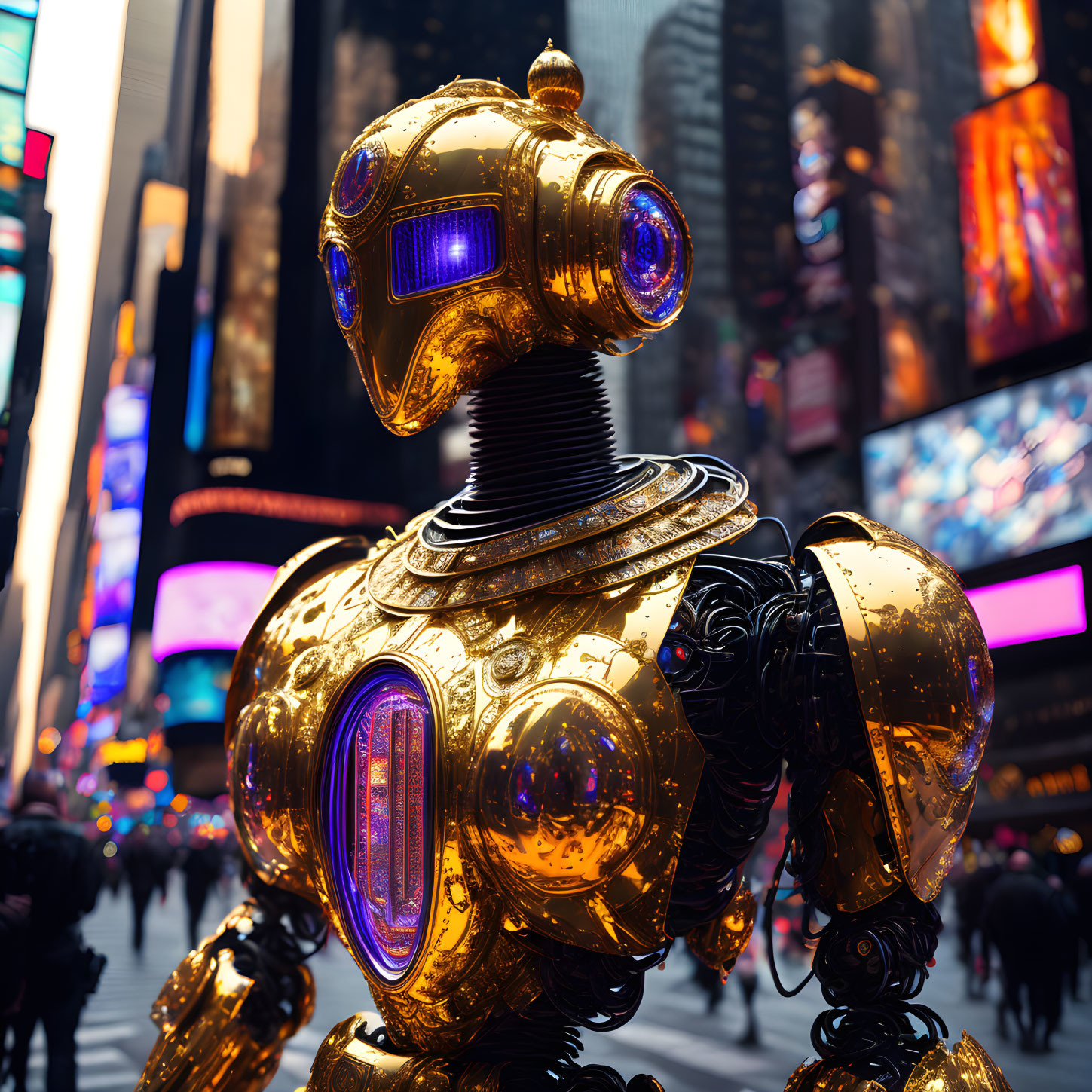 Golden Robot with Blue-Lit Eyes in Busy Cityscape