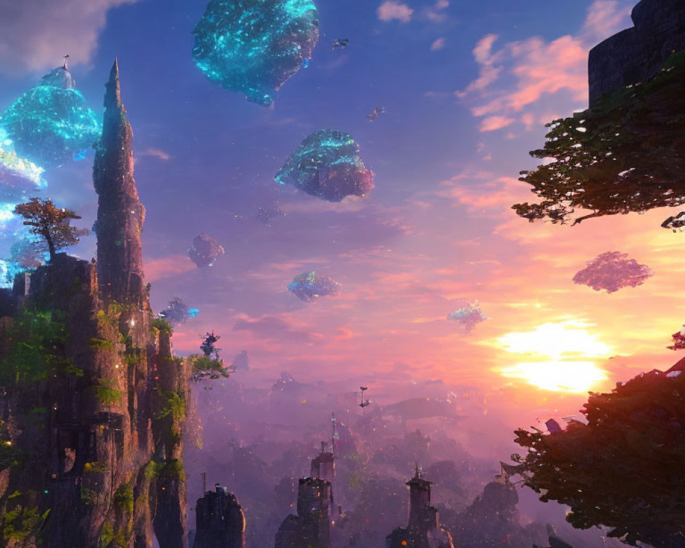 Fantastical landscape with floating islands and glowing crystals at sunset