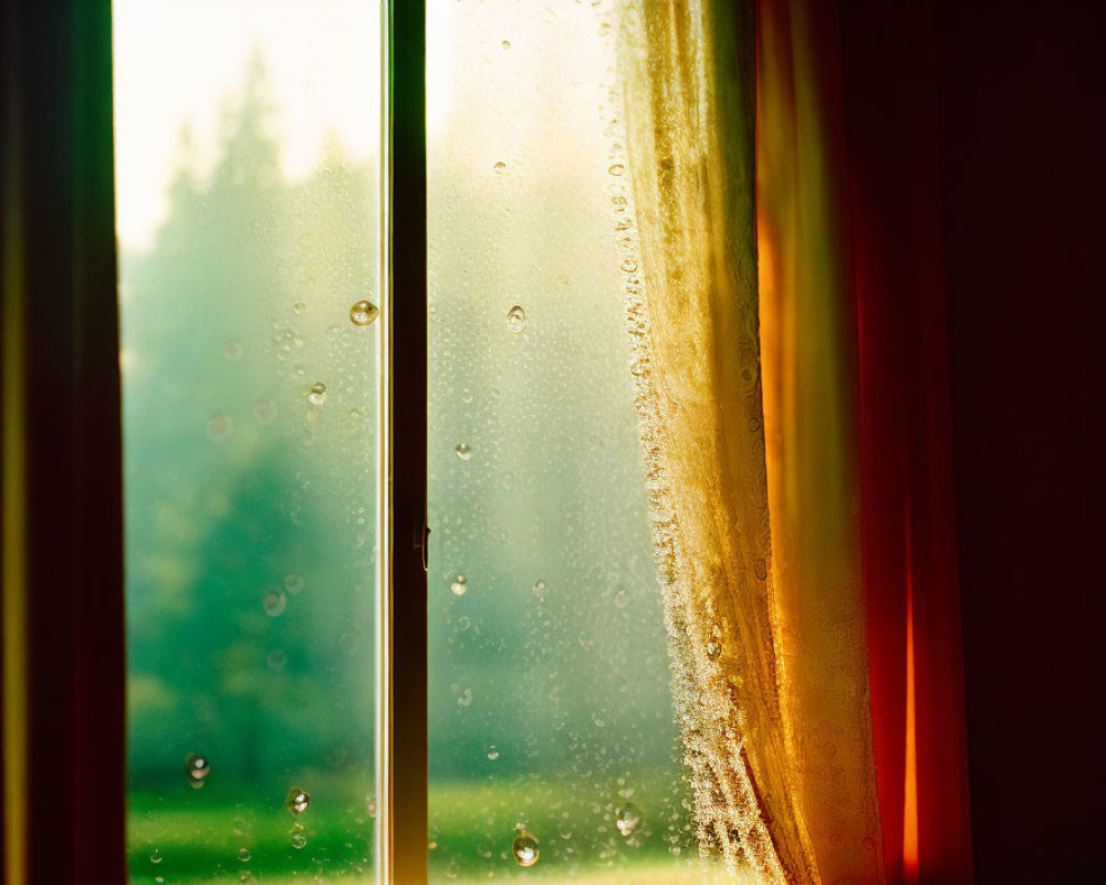 Green landscape seen through window with condensation, sunlit edge.