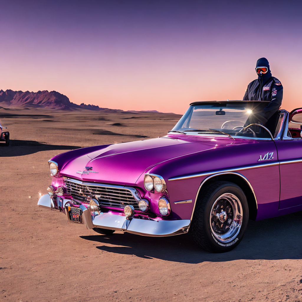 Person in Racing Attire by Purple Classic Car at Dusk