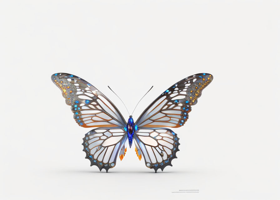 Stylized butterfly with translucent wings and jewel-like patterns on white background