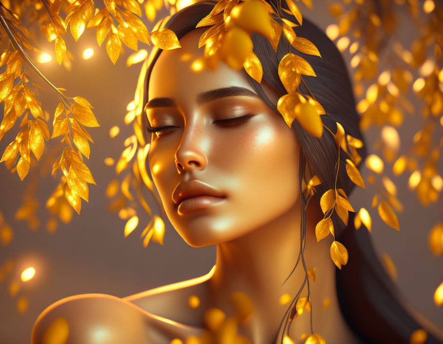 Golden-skinned woman surrounded by luminous leaves on warm backdrop