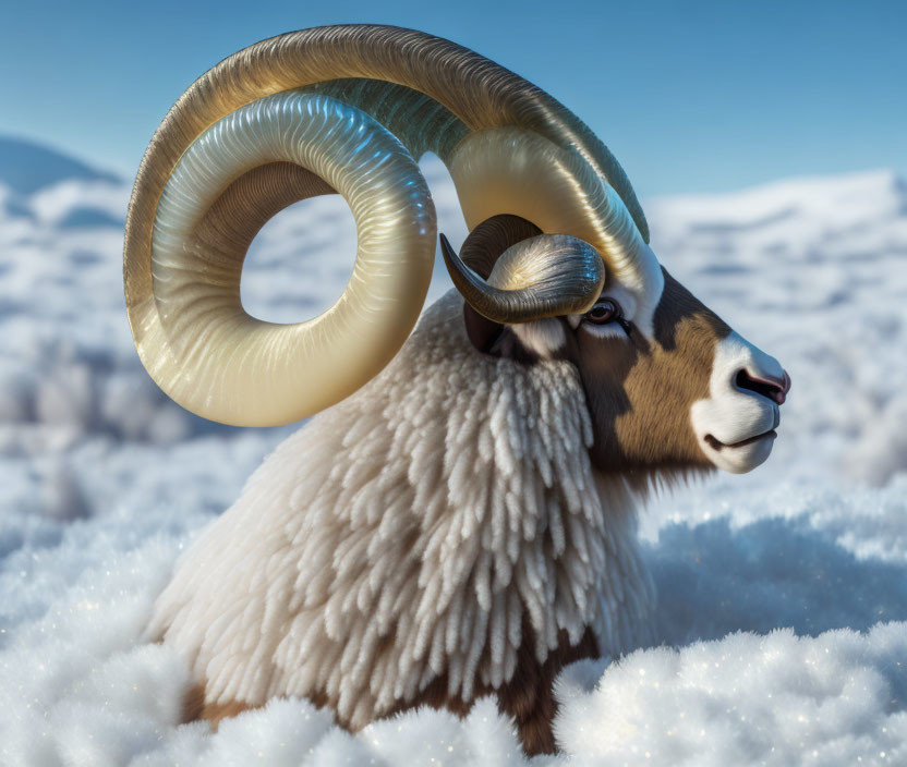 Digital Artwork: Majestic Ram with Spiraling Horns in Snowy Mountain Scene