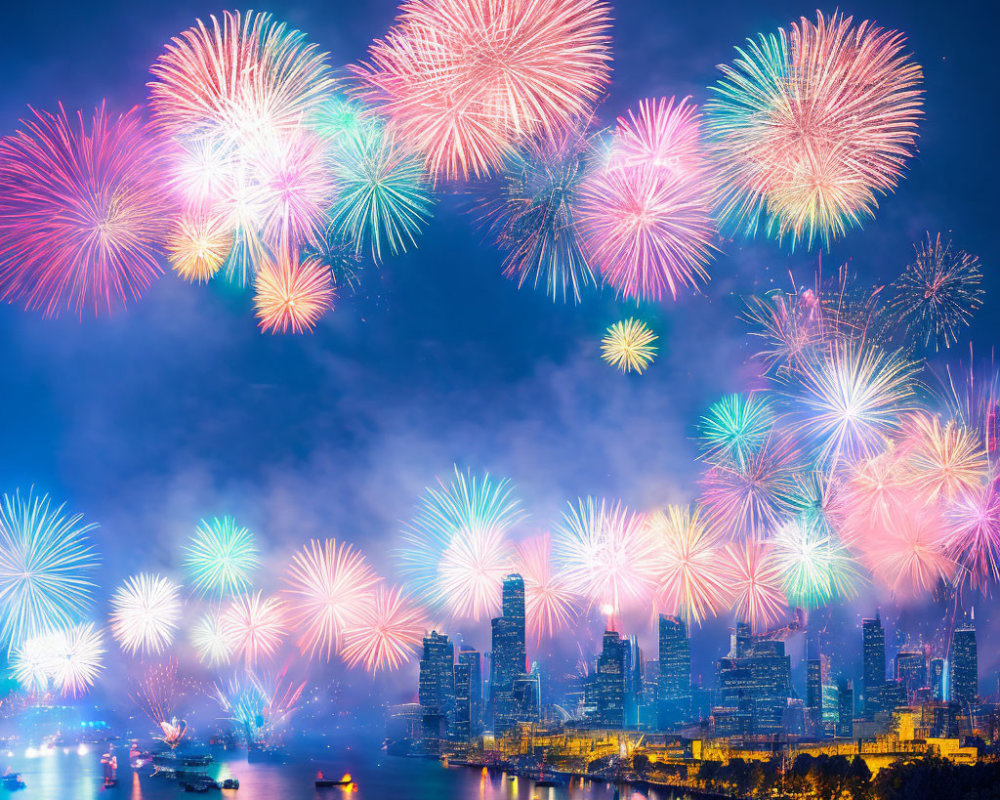 Colorful fireworks illuminate city skyline at night above river