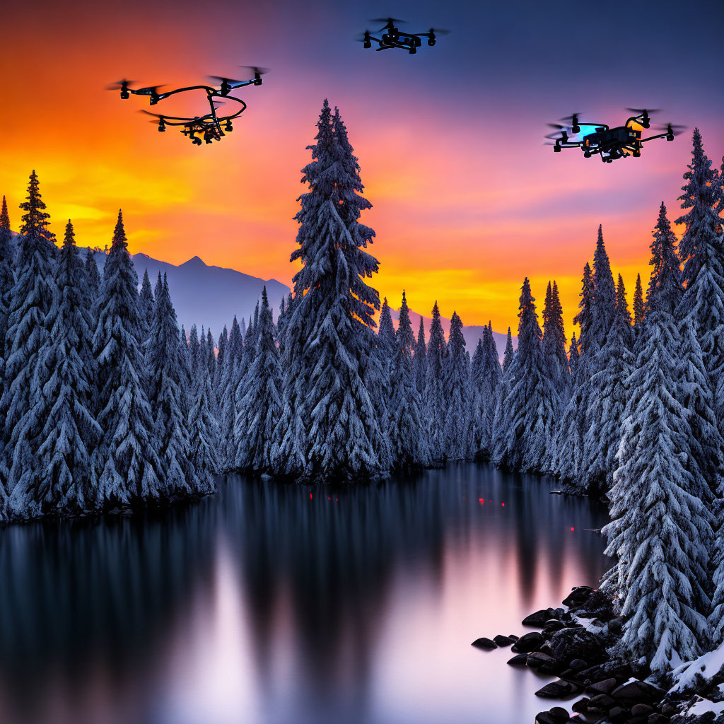 Aerial view of drones over snowy forest and lake at sunset