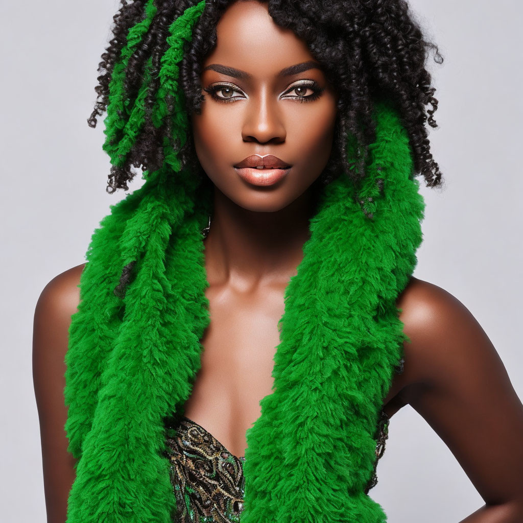 Dark Curly-Haired Woman in Green Scarf and Patterned Top on Neutral Background
