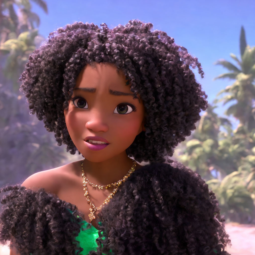 Curly-Haired Animated Character in Green Outfit with Concerned Expression